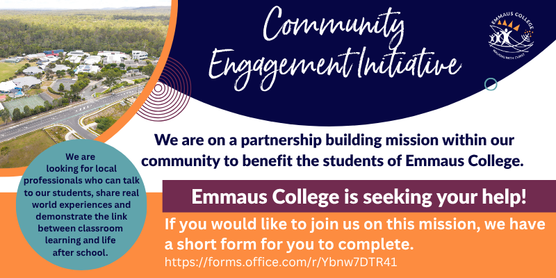 Emmaus College community engagement initiative graphic inviting local professionals to share industry experience with students