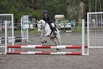 Student jumping horse over obstacle during equestrian competition