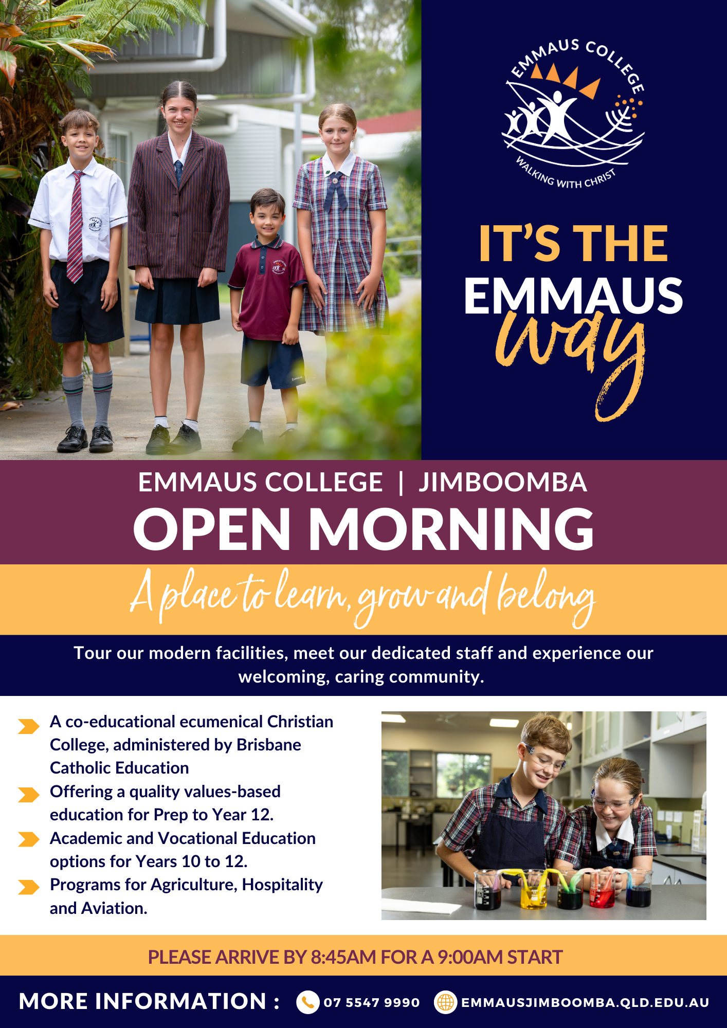 Promotional poster for Emmaus College Jimboomba open morning highlighting school values, learning opportunities and community engagement
