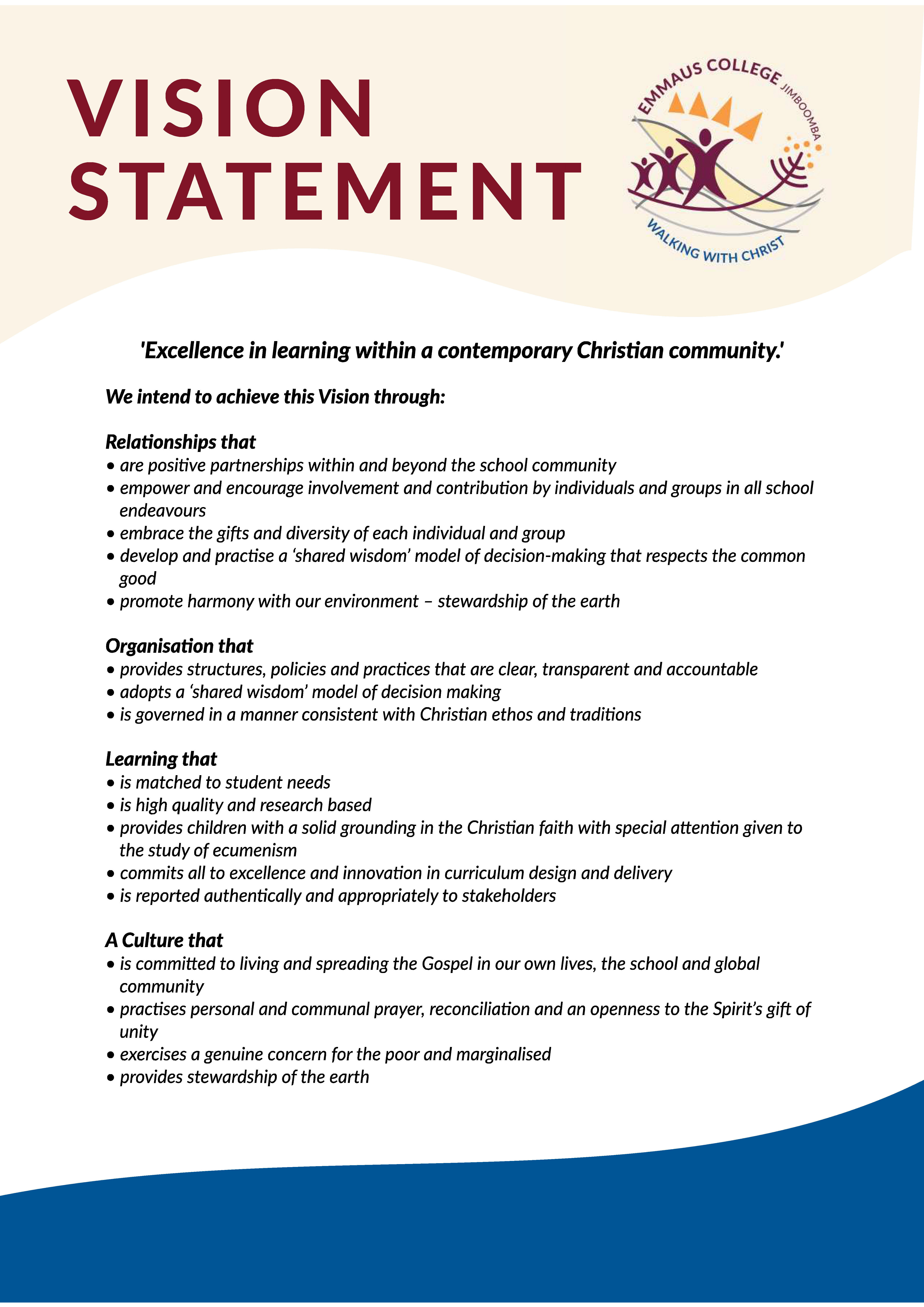 Emmaus College vision statement outlining commitment to excellence in learning within a contemporary Christian community and holistic student development